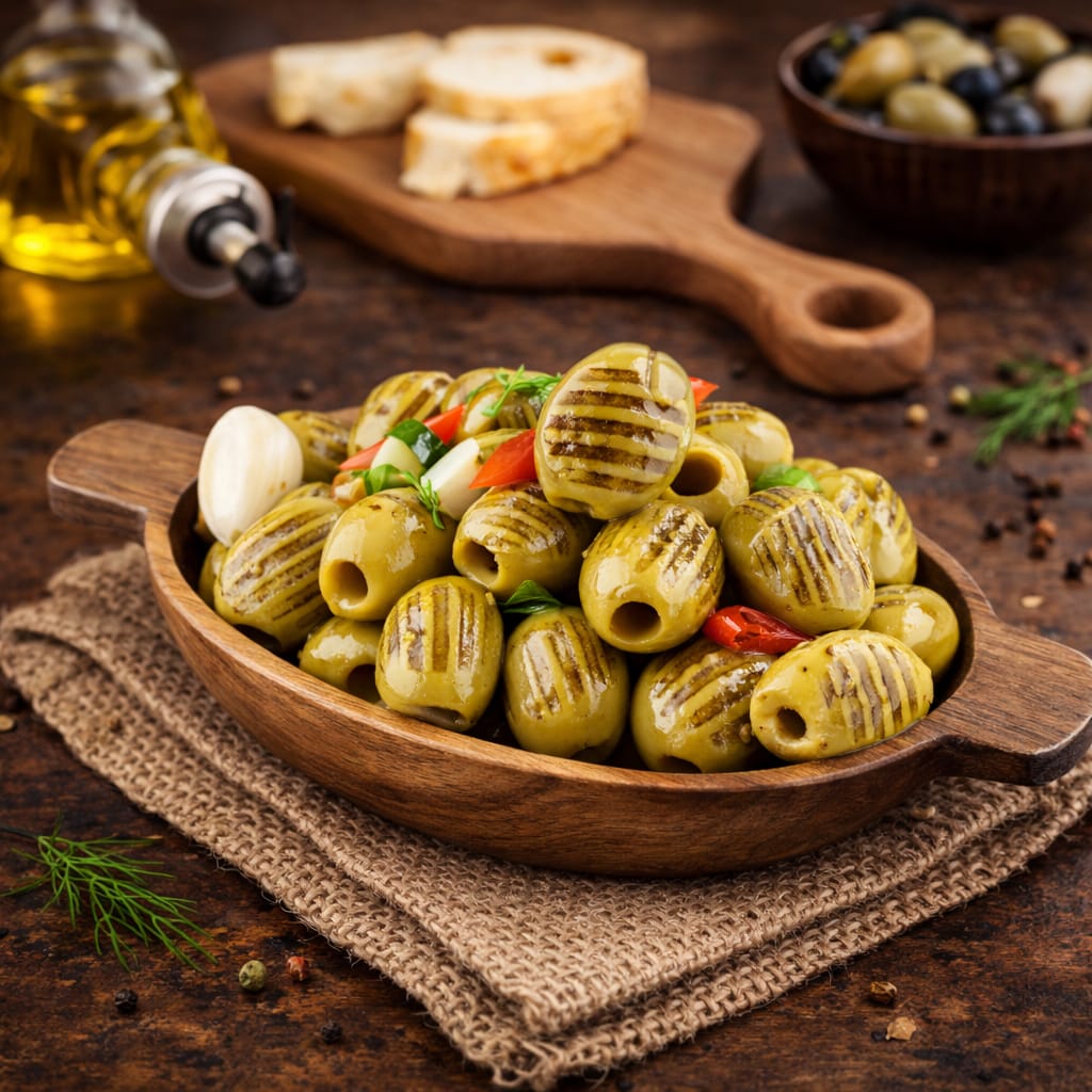 Grilled green olives