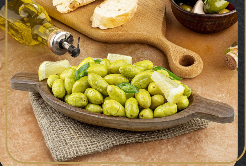 BUCKET OF SMALL GREEN OLIIVES