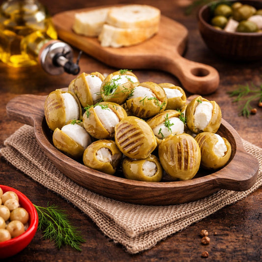 BUCKET OF GREEN OLIVES WITH STRAIND YOGURT
